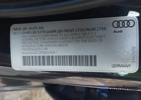 2013 Audi A6 3.0T Premium z USA, uszkodzony, nr VIN WAUGGAFC2DN053547